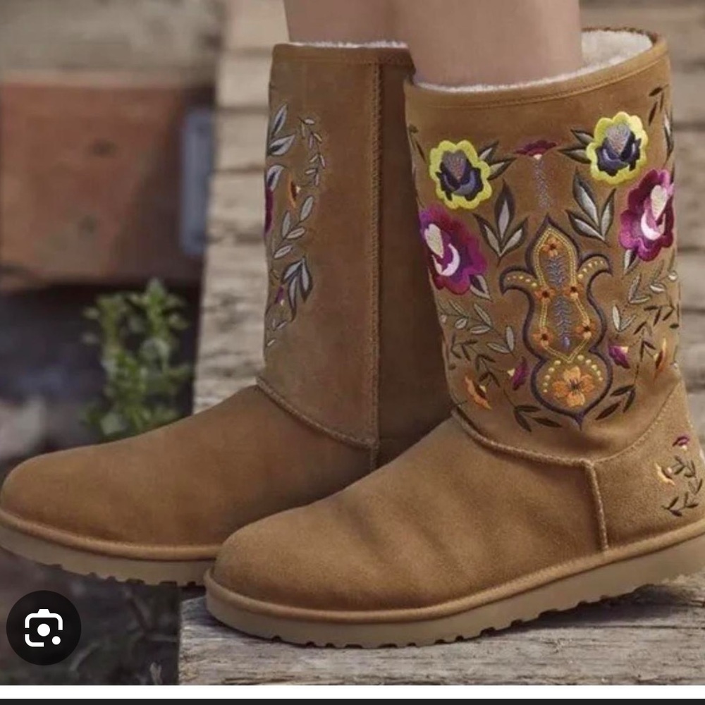 UGG Women's Floral Embroidered Suede Boots - Tan
